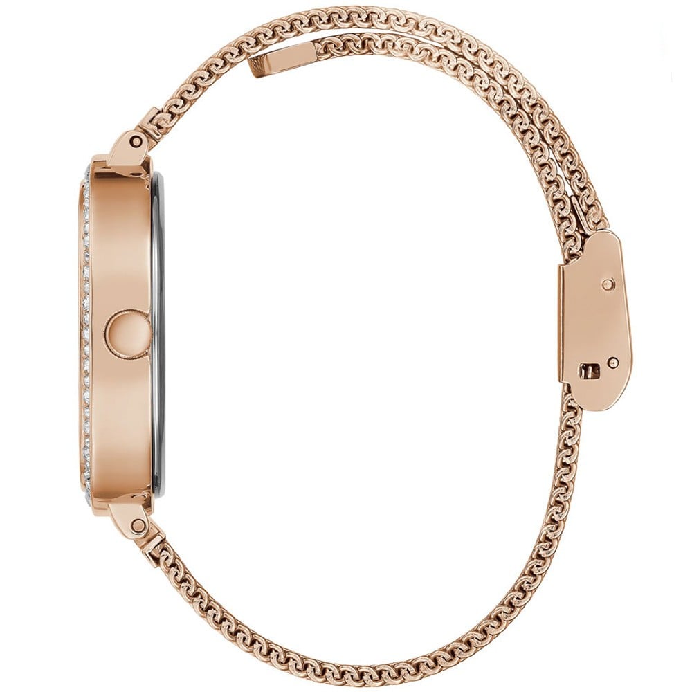 Guess Tapestry rose gold watch side profile displaying mesh strap and case depth