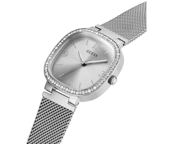 Angle view of square watch with crystal-set bezel and mesh bracelet