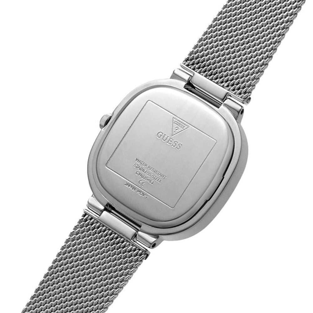 Caseback showing Guess branding and water resistance specifications