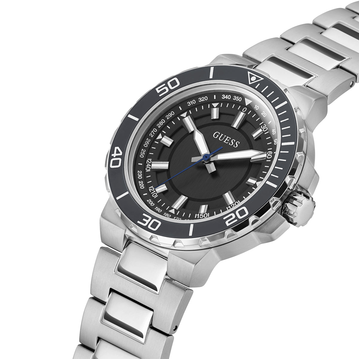 Guess Track men's watch angled view showing dial, bezel, and metal bracelet