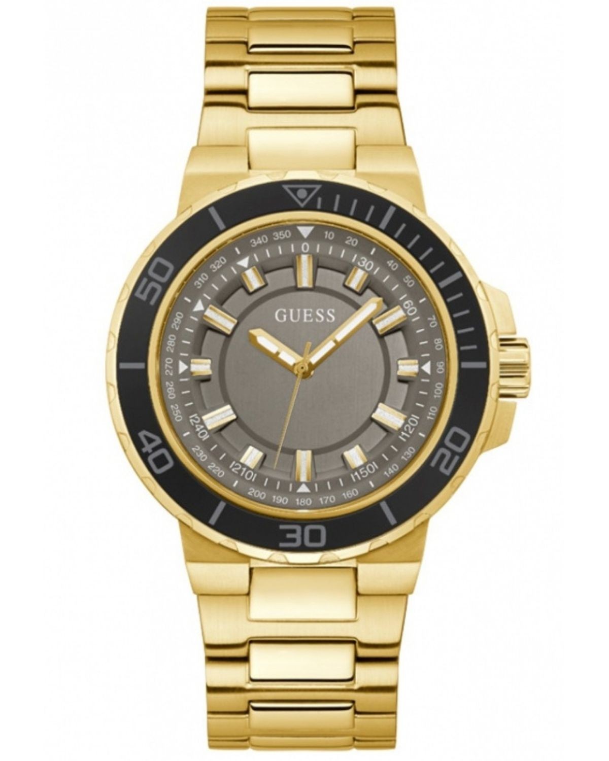Guess Track gold-tone men's watch with black bezel and gray dial