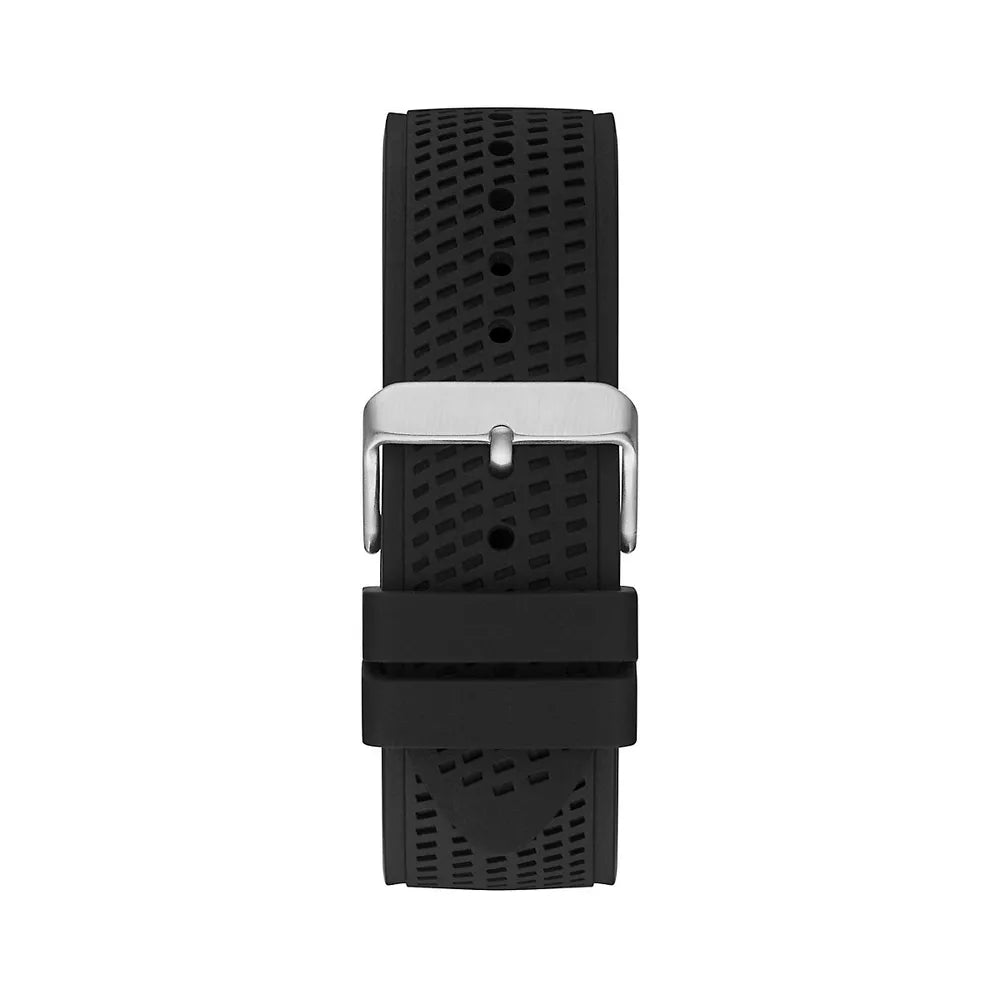 Black silicone perforated strap with silver tone buckle for Guess Trophy watch