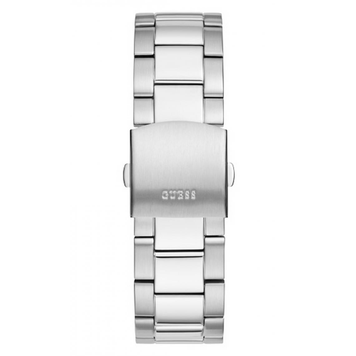 Silver tone stainless steel bracelet of Guess Trophy watch with links and clasp