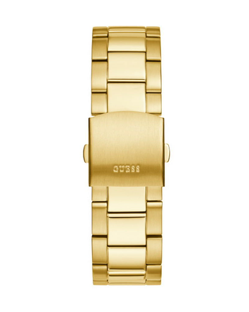 Guess Trophy gold tone stainless steel link bracelet and case back detail