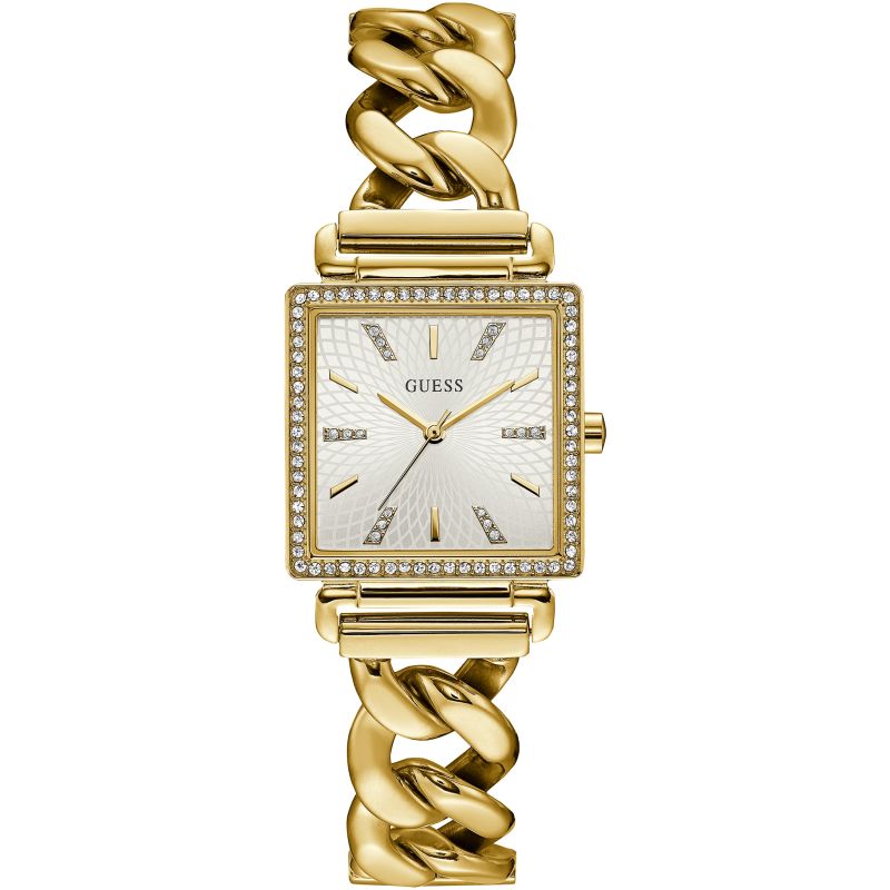 Guess Vanity gold square watch with diamond bezel, white dial, and chunky chain bracelet