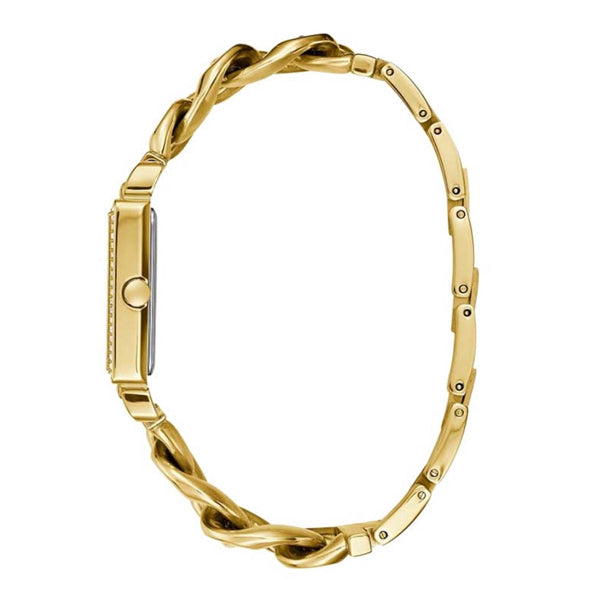 Guess Vanity gold watch displayed at angle showing chain bracelet closure