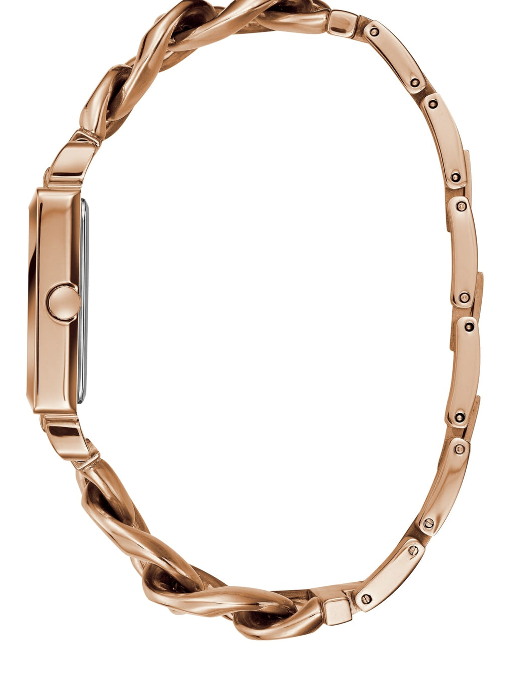 Guess Vanity rose gold square watch displayed flat showing chainlink strap and side profile