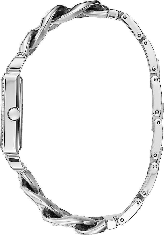 Guess Vanity watch side view showing silver chain bracelet and square case