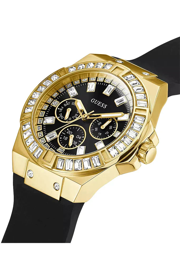 Guess Venus watch angled view showing gold case, crystal bezel, and black strap