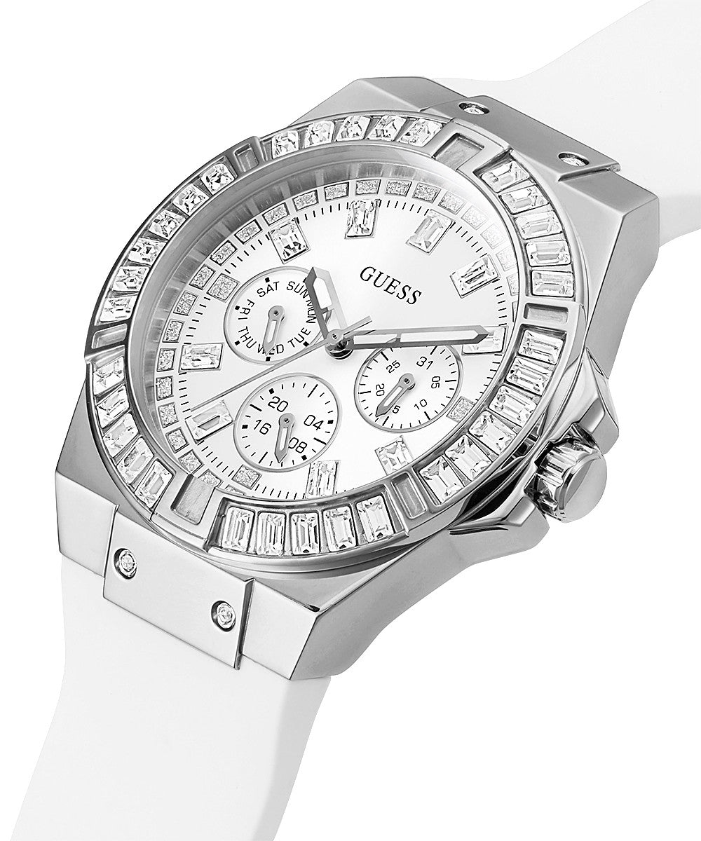 Angled view of Guess Venus chronograph watch showing silver case and white silicone strap