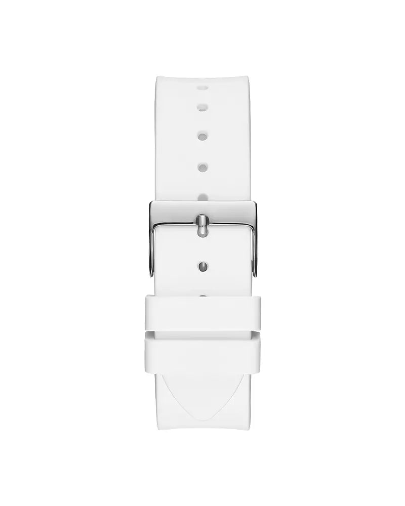 White silicone strap detail of Guess Venus watch with metal buckle