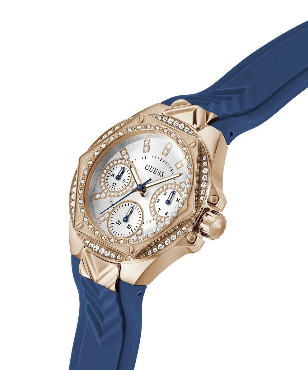 Guess Venus watch angled view showing rose gold case and blue rubber strap detail