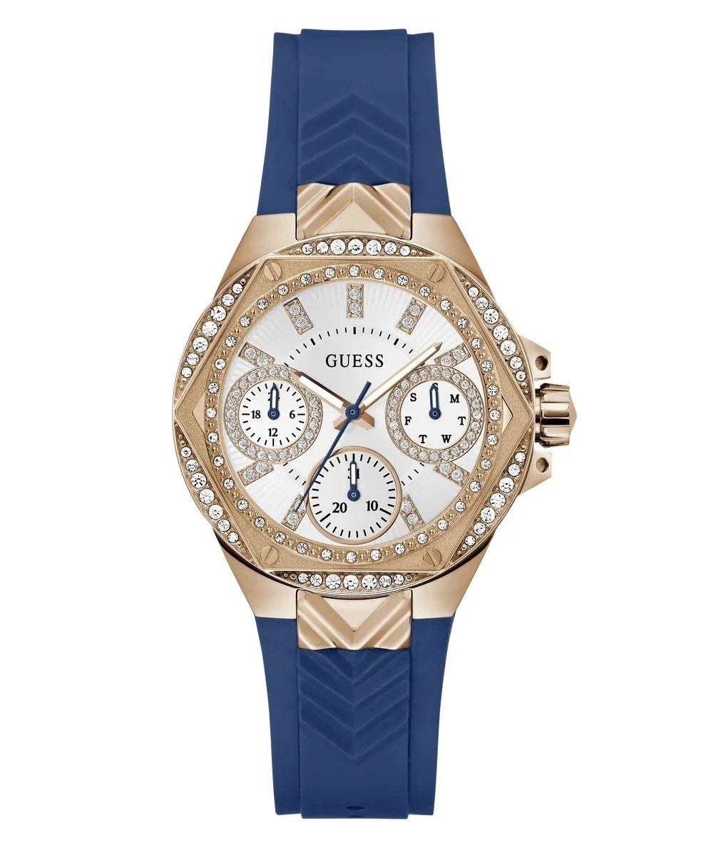Guess Venus women's watch with rose gold case, diamond bezel, white chronograph dial, and blue strap