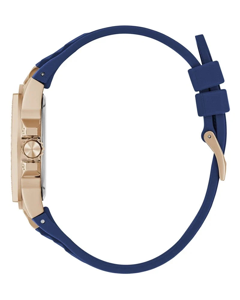 Guess Venus watch side view displaying rose gold case, blue strap, and buckle closure