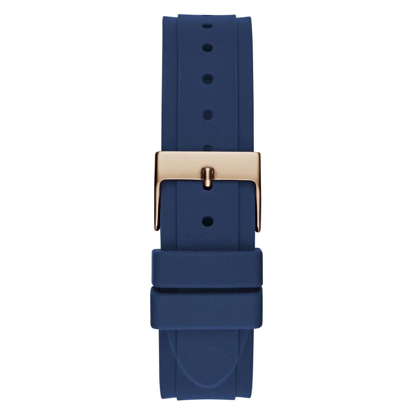Guess Venus blue rubber strap with rose gold buckle and chevron pattern detail