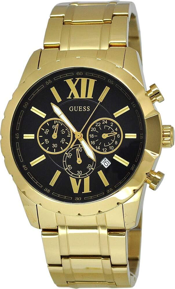 Guess W0193G1 gold tone chronograph watch with black dial and Roman numeral markers