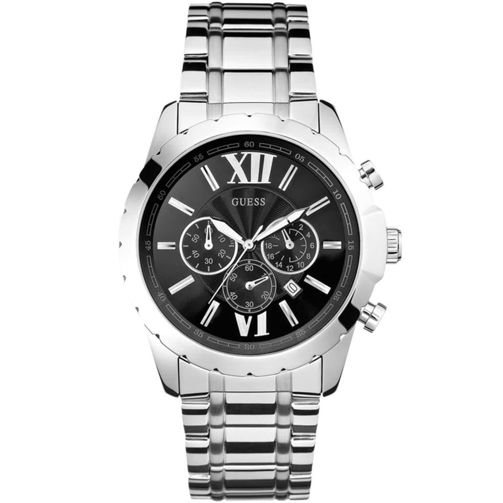 Guess silver chronograph men's watch with black dial and stainless steel bracelet