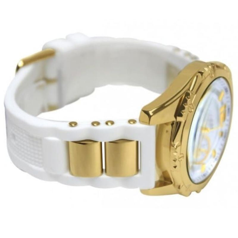 Side view of Guess women's watch showing white silicon strap with gold-tone hardware