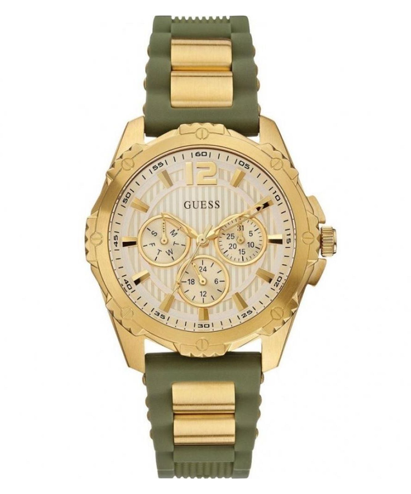 Guess W0325L5 women's chronograph watch with gold-tone case, white dial, and army green silicon strap