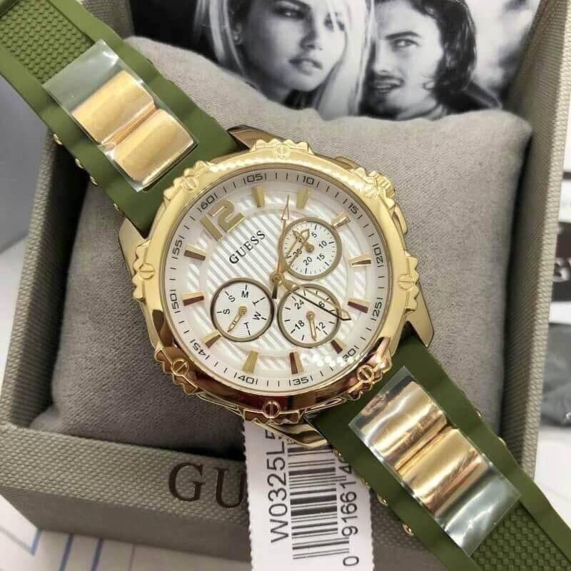 Guess W0325L5 women's chronograph watch worn on wrist showing dial and army green strap details