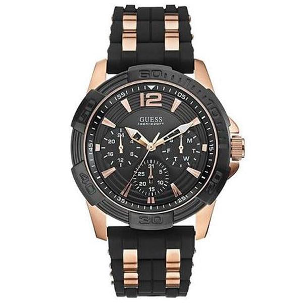 Guess water resistant analog men's watch with black dial, rose gold case and black rubber strap