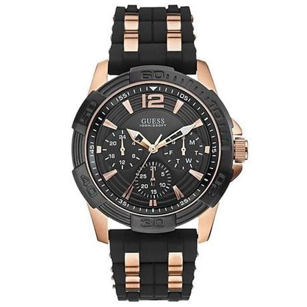 Guess water resistant analog men's watch with black dial, rose gold case and black rubber strap