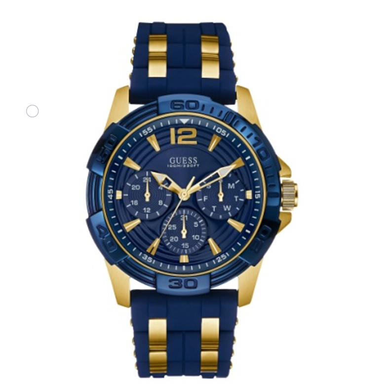Guess men's watch with blue dial, gold numeral indices, chronograph subdials, gold-tone case, and blue silicon strap