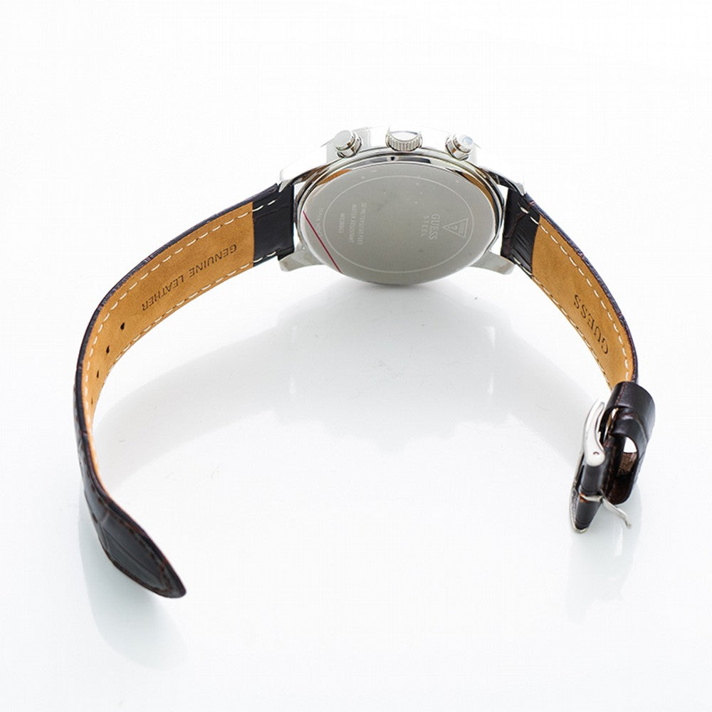 Black crocodile-textured leather strap with tan suede interior and stainless steel case back