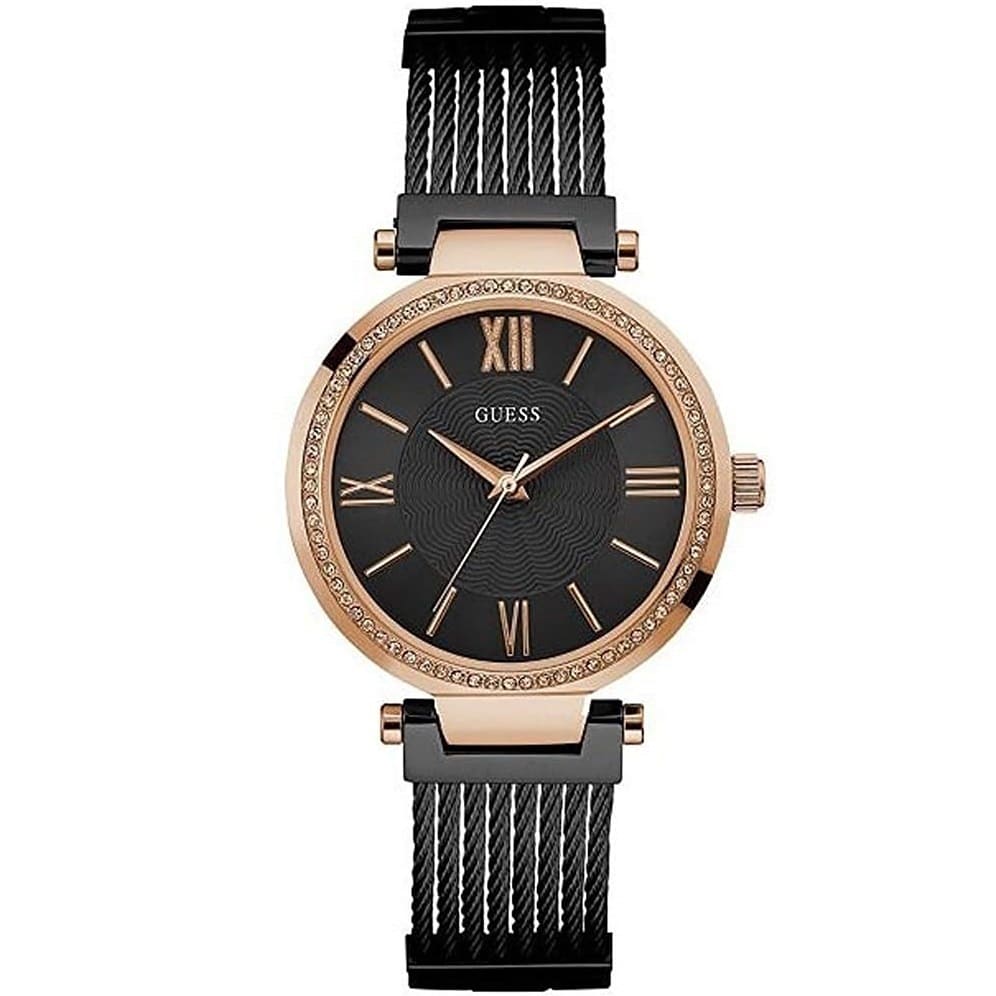 Guess black dial women's watch W0638L5 with rose gold case and black mesh strap