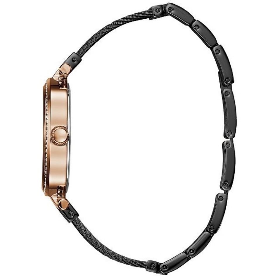 Side view of Guess W0638L5 watch showing rose gold case and black mesh bracelet
