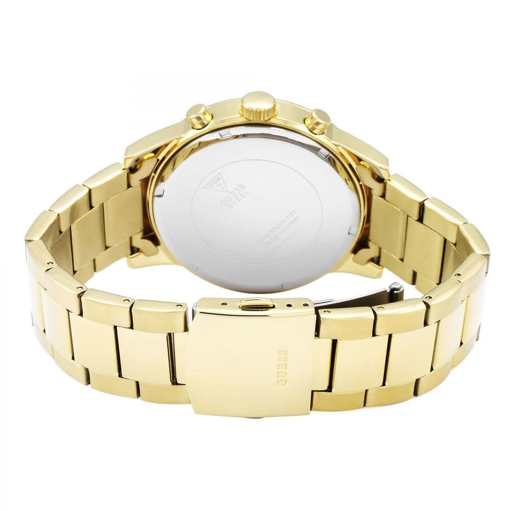 Back of gold-tone Guess watch showing stainless steel case back and bracelet