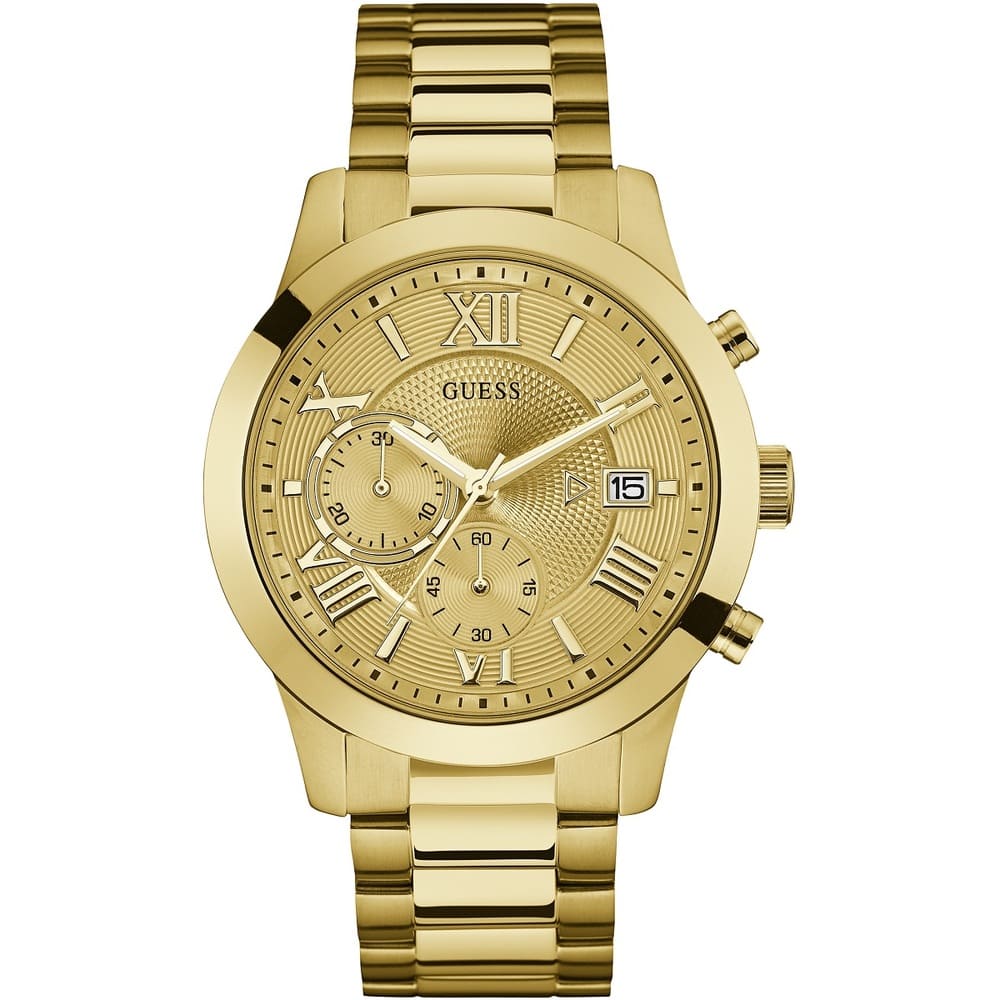 Guess Classic Chronograph gold-tone stainless steel watch with Roman numeral dial and chronograph subdials