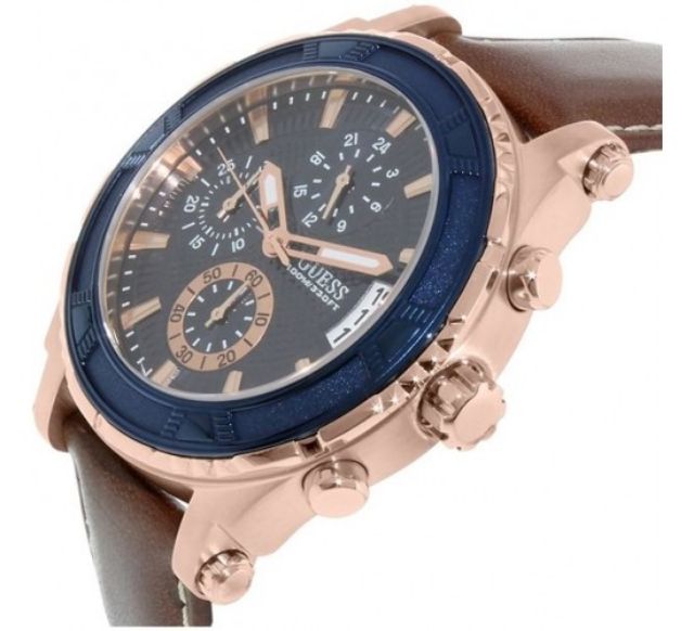 Guess W0673G3 watch shown on wrist angle with chronograph subdials and date window visible