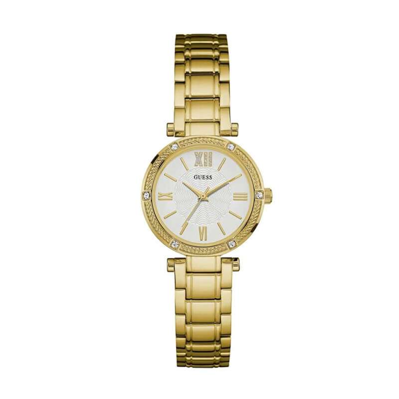 GUESS gold tone ladies analog watch with white dial and crystal bezel