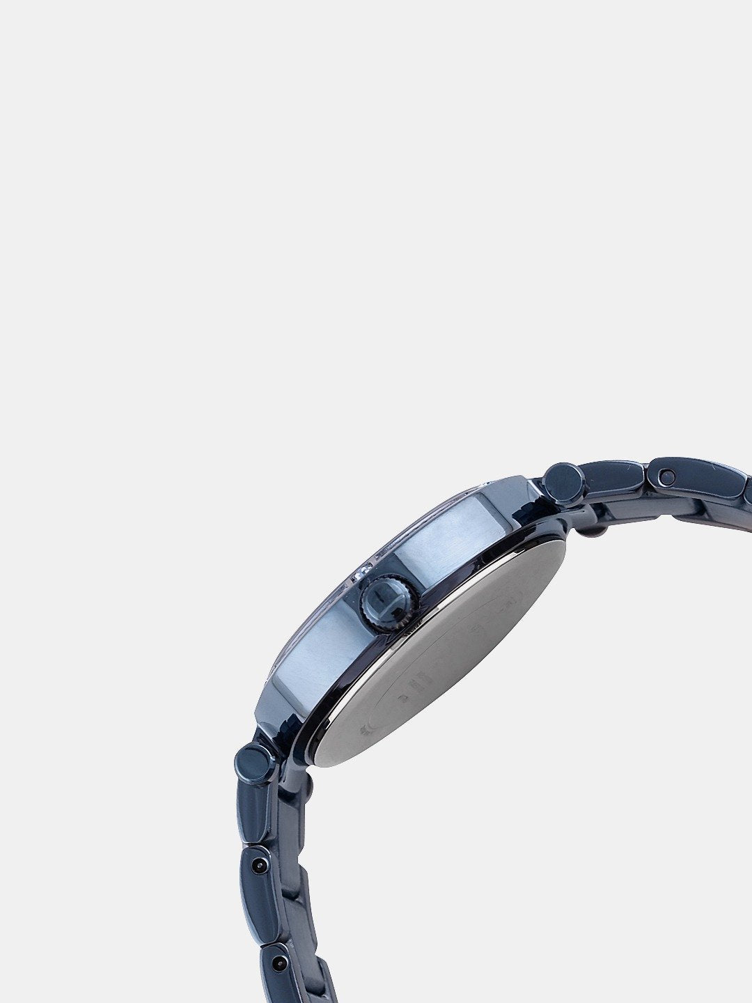 Side profile view of Guess women's watch showing case and blue stainless steel bracelet