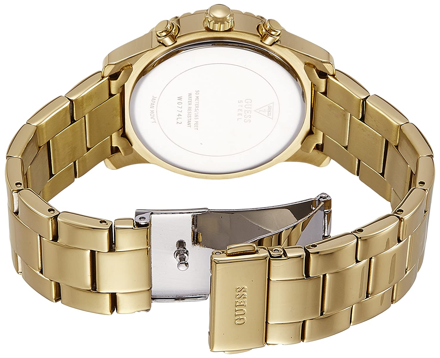 Case back of Guess W0774L2 watch with gold-tone bracelet and push-button clasp
