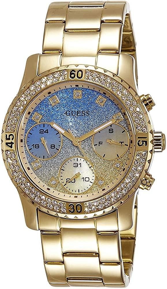 Guess women's chronograph watch with blue dial, gold-tone case and bezel set with crystals