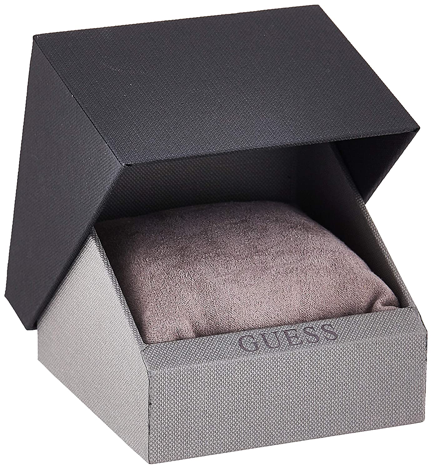 Guess watch presentation box with black lid and grey base with Guess branding