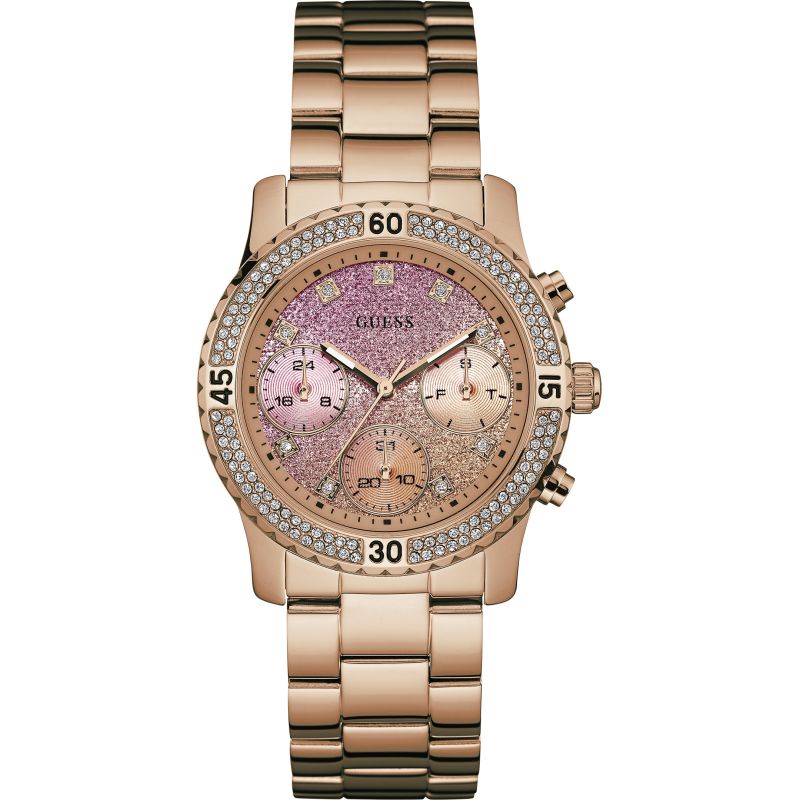 Guess ladies rose gold chronograph watch with crystal bezel, purple shimmer dial and rose gold bracelet