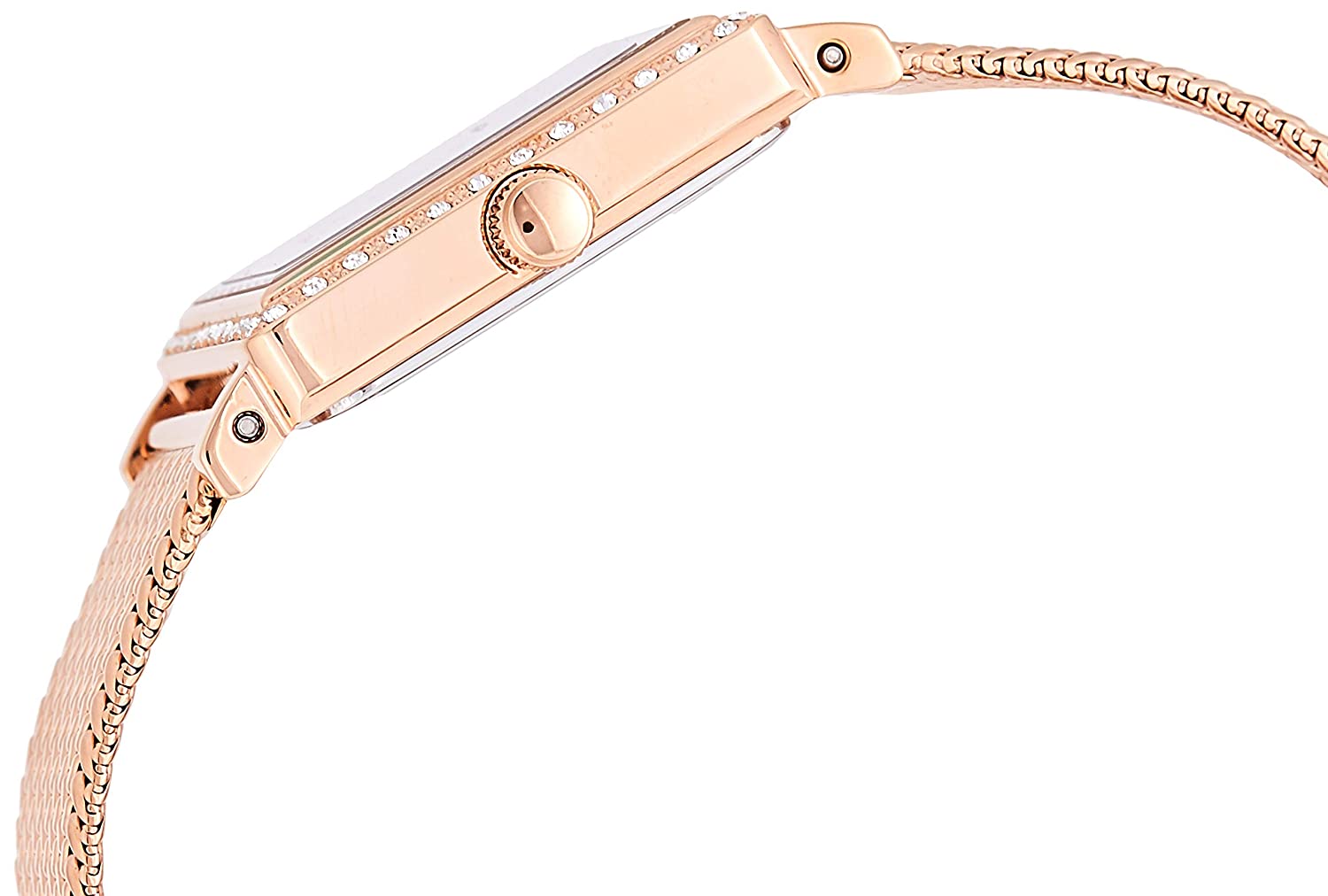 Side view of Guess women's watch with rose gold mesh bracelet and crystal-set lugs