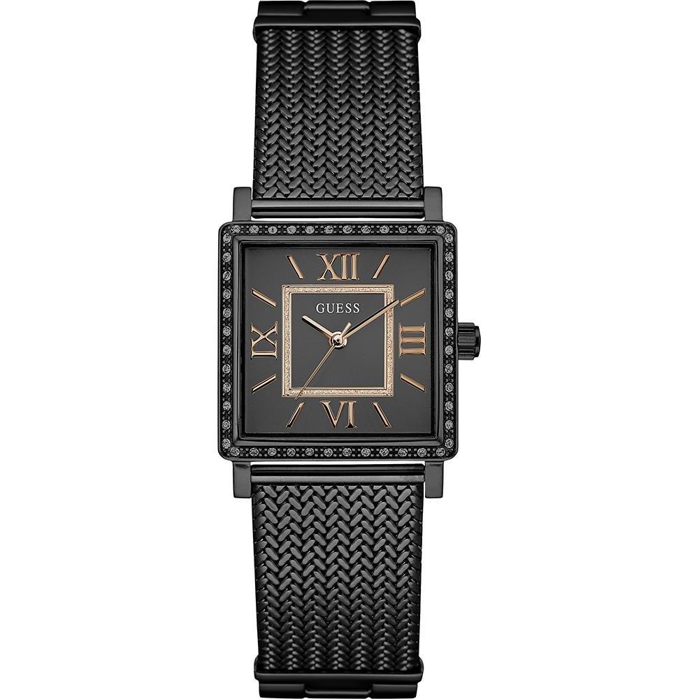 Guess W0826L4 analog women's watch with black dial, square case, rose gold Roman numerals, and black mesh strap