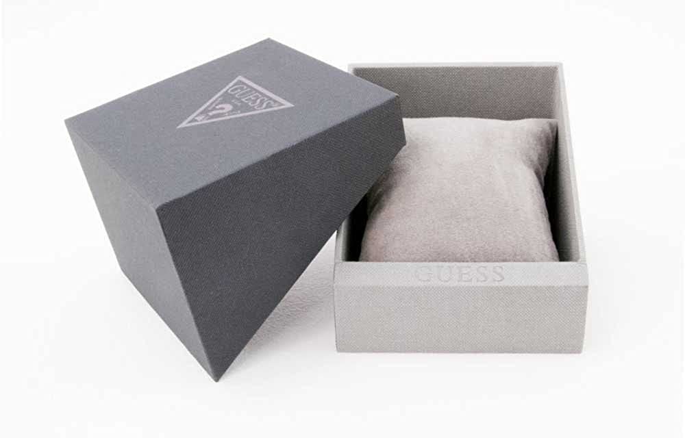 Guess watch presentation box with branded triangle logo on dark gray exterior