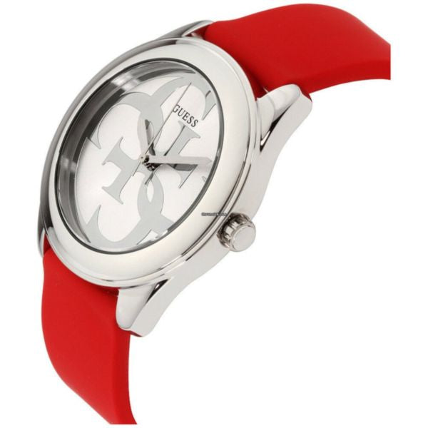 Angled view of Guess watch showing grey dial and red strap