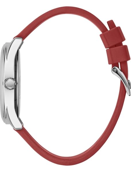 Side view of Guess watch with red rubber strap and buckle