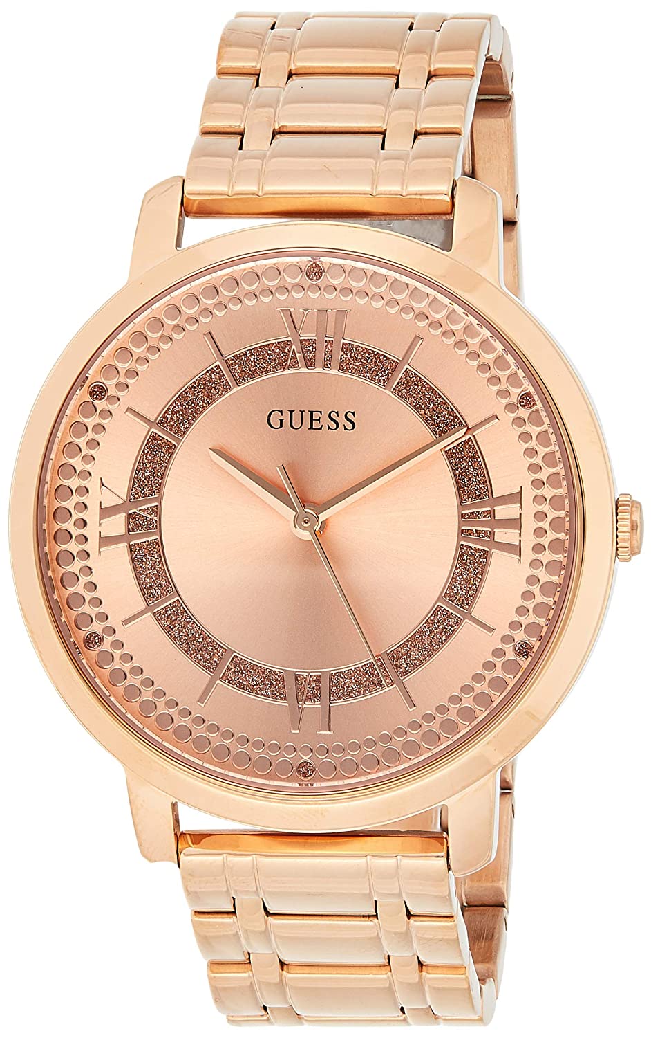 Guess rose gold women's watch with analog dial and decorative bezel