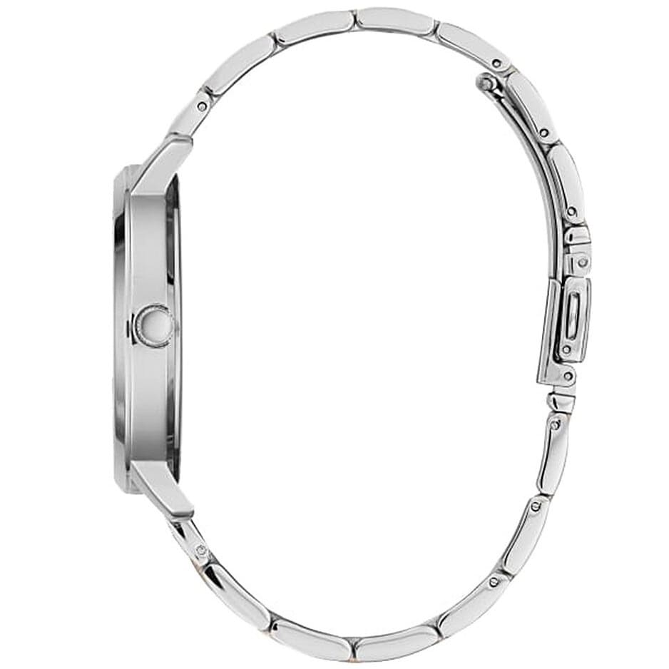 Angled view of Guess W0933L6 two-tone stainless steel and rose gold bracelet