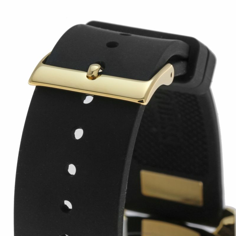 Black silicone watch strap with gold-tone buckle and accent bars