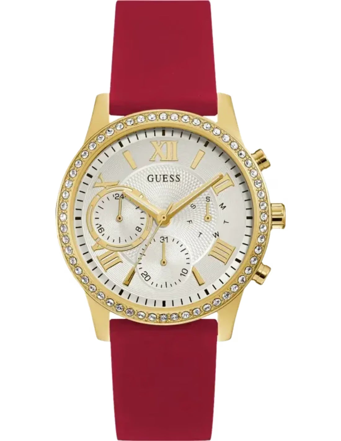 Guess Gold Tone Case Red Silicone Strap Multi function Women's Watch - W1135L6