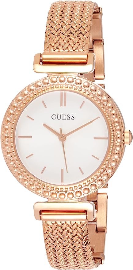 Rose gold women's watch with white dial, crystal-accented bezel, and rose gold mesh bracelet