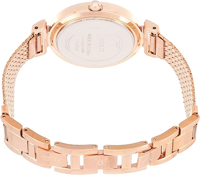 Back case view of rose gold watch with mesh and metal link bracelet